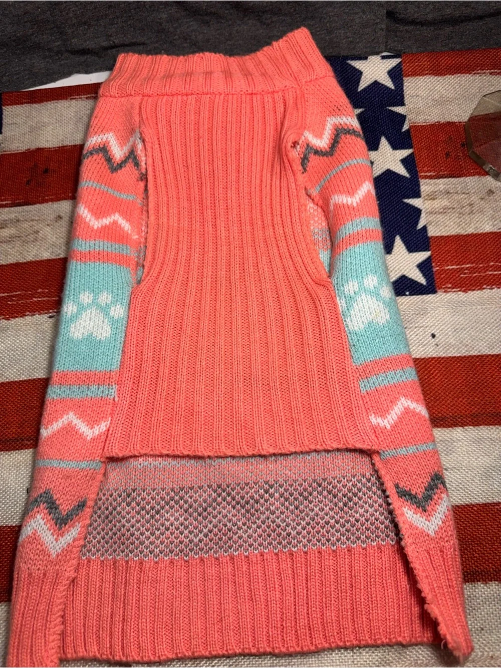 Pet Sweater - Coral & Light Blue Paw Print Knit